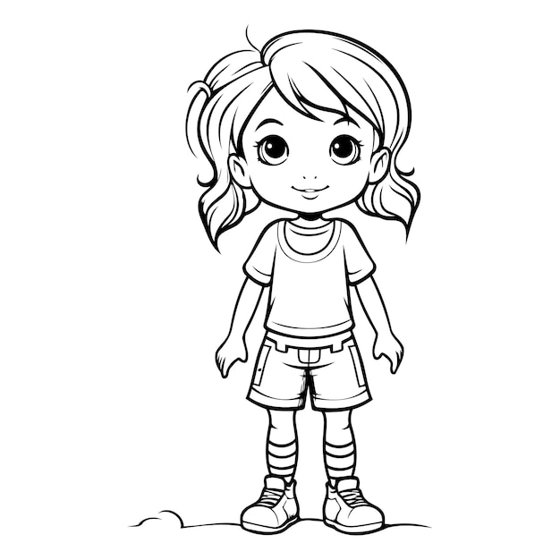 Vector coloring book for children girl in shorts and tshirt