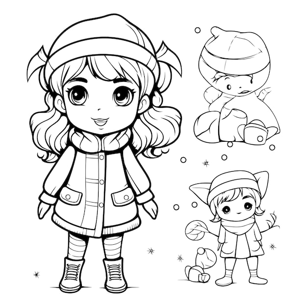 Vector coloring book for children girl in winter clothes and a cat