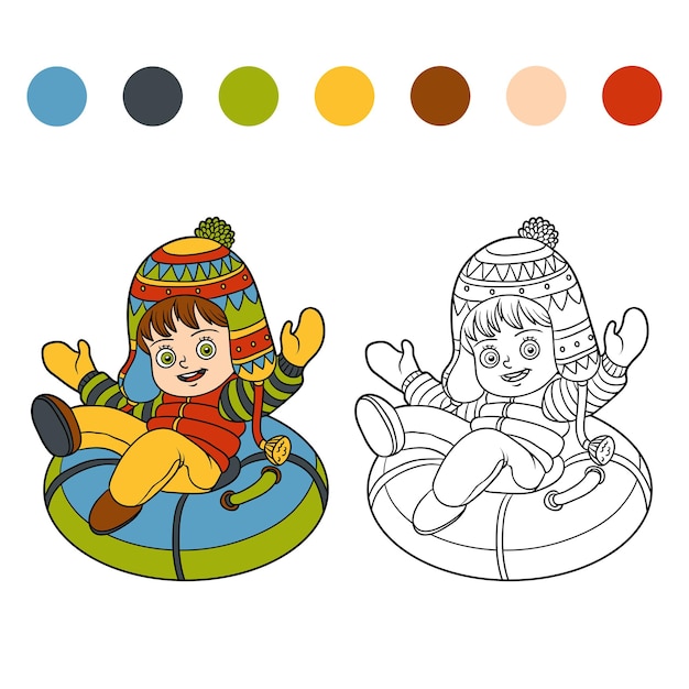 Coloring book for children, happy girl riding on the tubing, inflatable sled