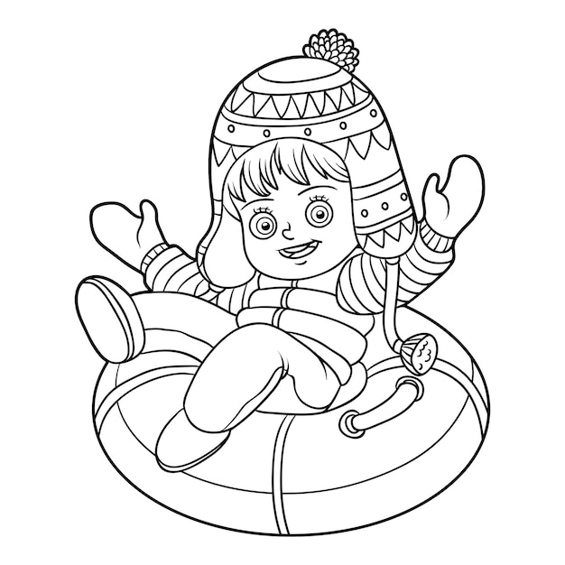 Coloring book for children, Happy girl riding on the tubing, inflatable sled