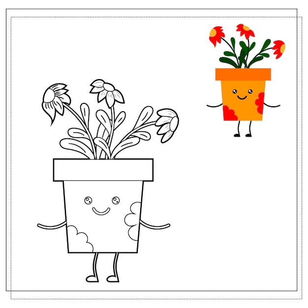 Coloring book for children Paint a cute cartoon flower in a pot based on the drawing