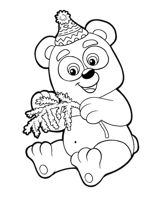Coloring book for children, Panda and Christmas tree branch