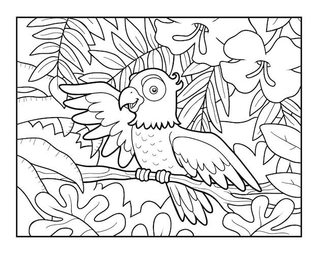 Coloring book for children Parrot in the rainforest