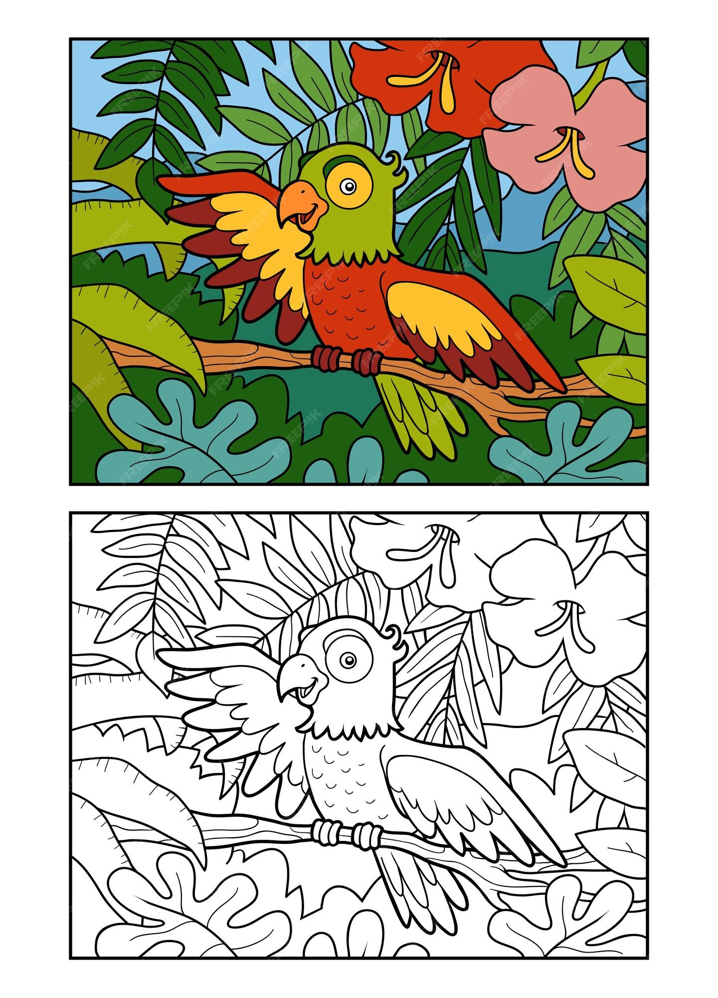 Premium Vector | Coloring book for children Parrot in the rainforest