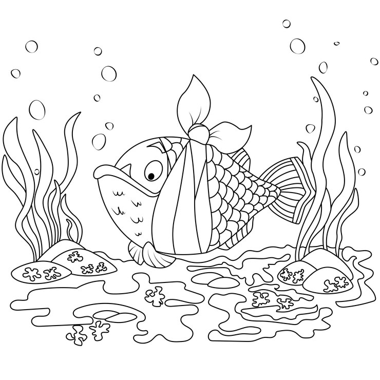 Coloring book for children Sad toothy fish with a bandage on its cheek