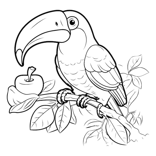 Vector coloring book for children toucan sitting on a branch with an apple