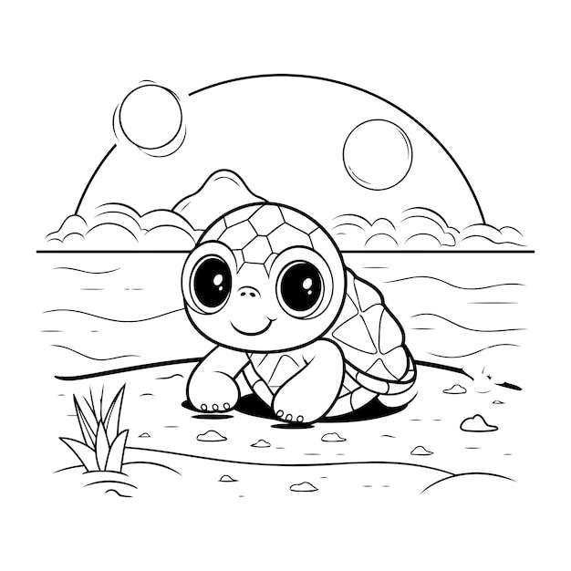 Coloring book for children Turtle on the beach Vector illustration