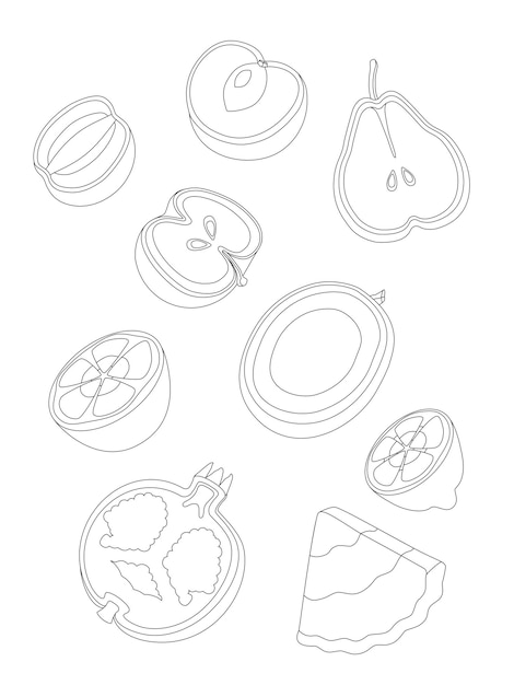 Coloring book for children with different fruits on a white background