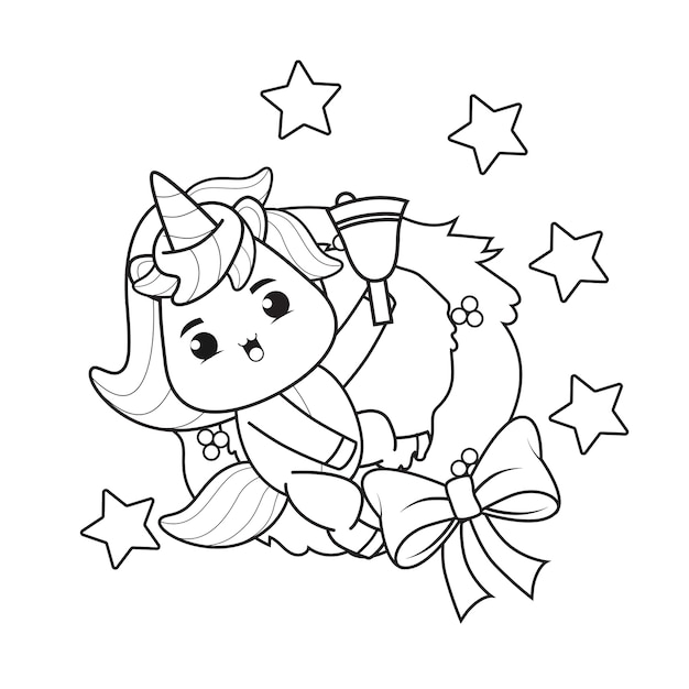 Coloring book christmas day with cute unicorn