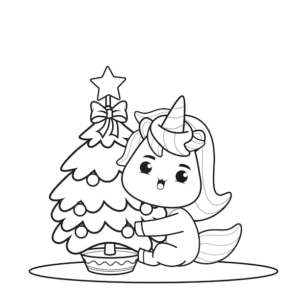 Coloring book christmas day with cute unicorn