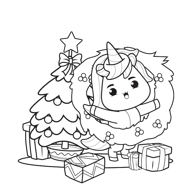 Coloring book christmas day with cute unicorn