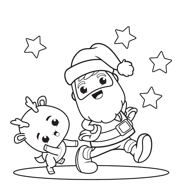 Coloring book christmas day with santa claus and cute deer