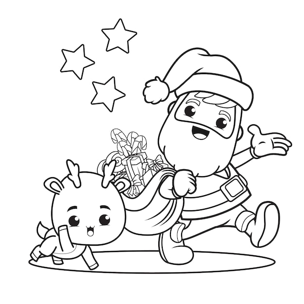 Coloring book christmas day with santa claus and cute deer