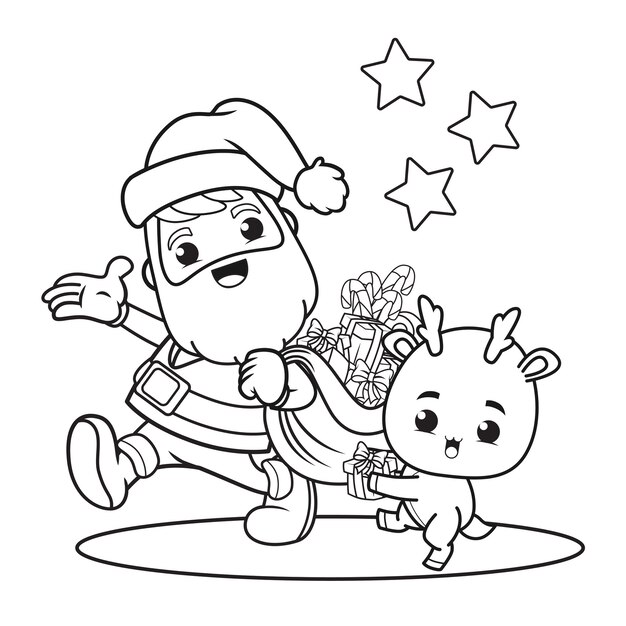 Coloring book christmas day with santa claus and cute deer