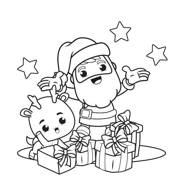 Vector coloring book christmas day with santa claus and cute deer