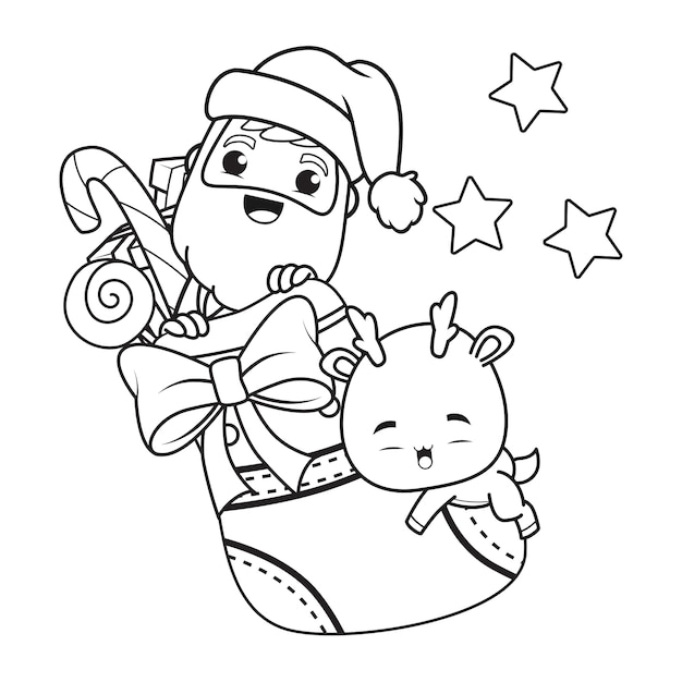 Coloring book christmas day with santa claus and cute deer