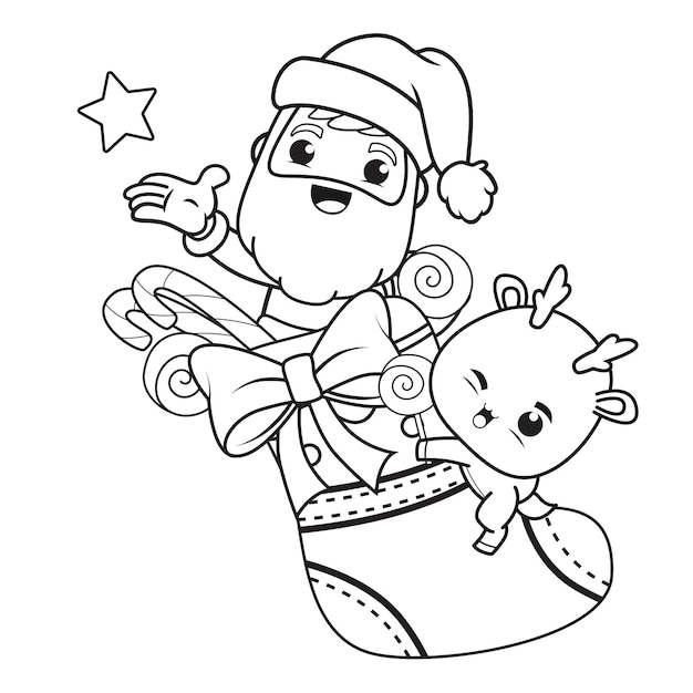 Vector coloring book christmas day with santa claus and cute deer