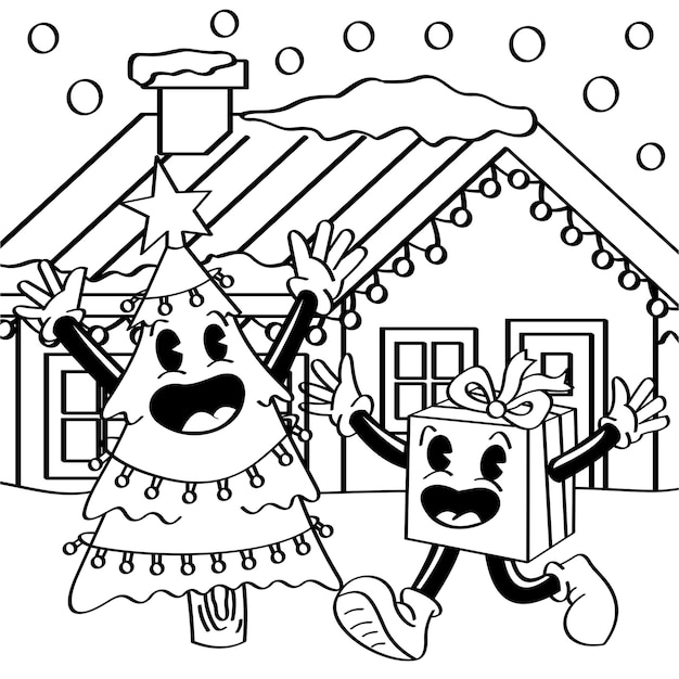 Coloring Book Christmas Tree and gift meeting up Black and White Cartoon Character Hand Drawing