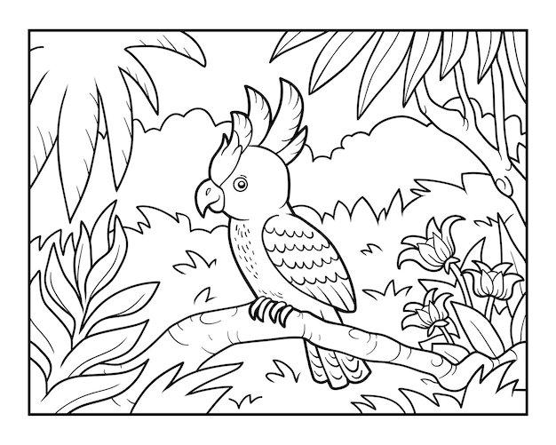 Vector coloring book cockatoo parrot in the rainforest