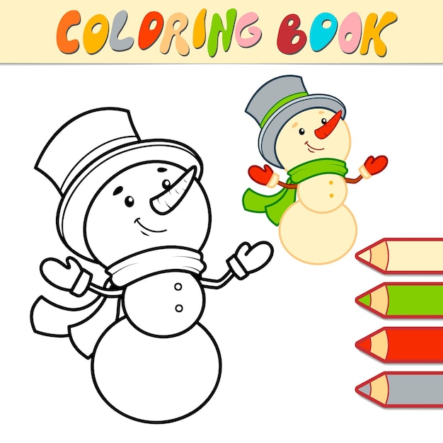 Coloring book or Coloring page for kids. Christmas Snowman black and white vector