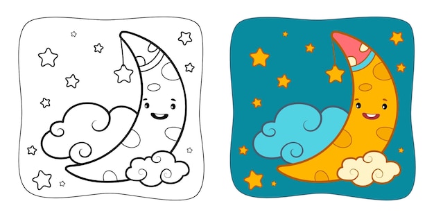 Libro da colorare o pagina da colorare per bambini ClipArt vettoriali luna Sfondo natura