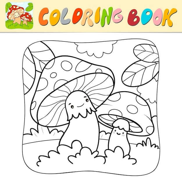 Coloring book or Coloring page for kids Mushrooms black and white vector Nature background