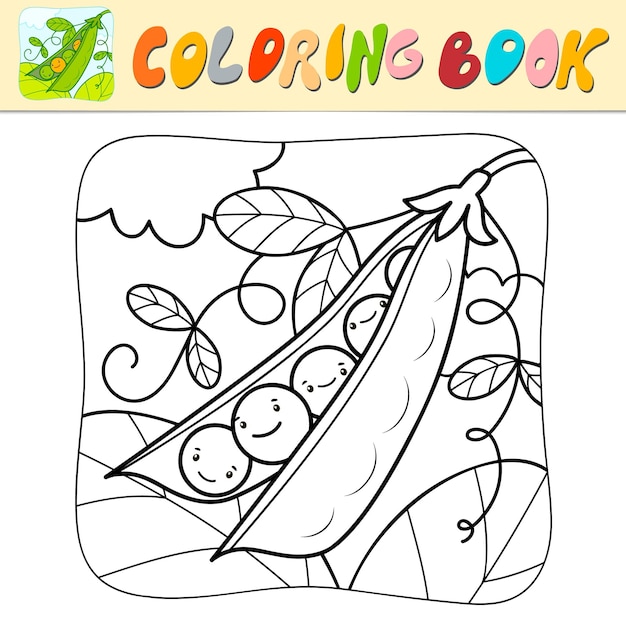 Libro da colorare o pagina da colorare per bambini vettore in bianco e nero di piselli sfondo della natura