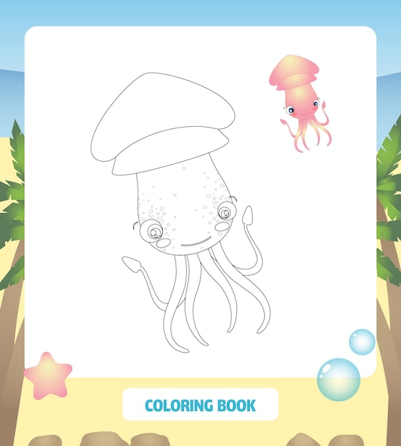 Coloring book Coloring page for kids Squid vector illustration clipart