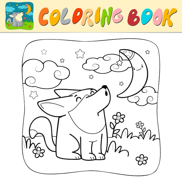 Libro da colorare o pagina da colorare per bambini vettore in bianco e nero del lupo sfondo della natura