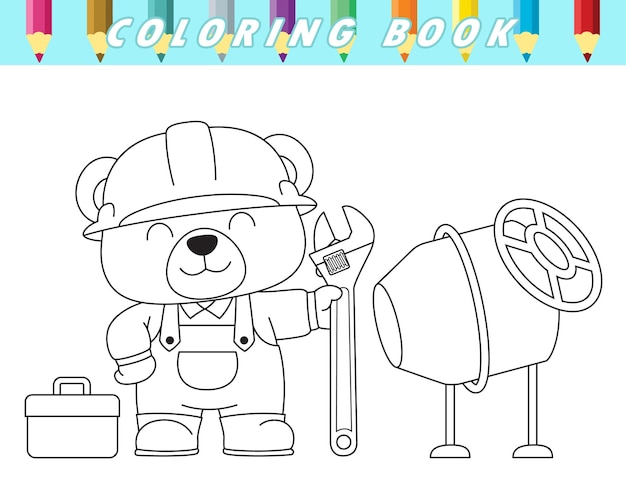 Vettore libro da colorare di simpatico orso in uniforme da lavoratore con chiave grande con betoniera e cassetta degli attrezzi illustrazione cartoon vettoriale