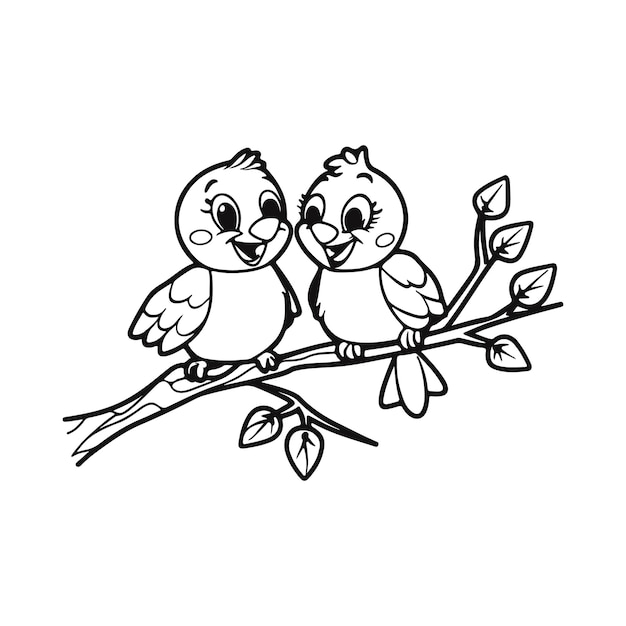 Coloring book cute birds Sitting on a tree branch vector