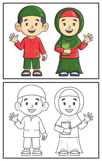 Libro da colorare ragazzo e ragazza carini musulmani pagina da colorare illustrazione di cartoni animati vettoriali
