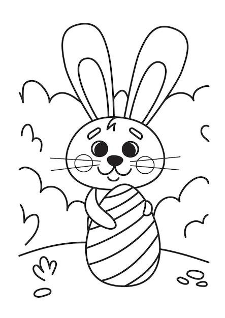 Книжка-раскраска. Милый пасхальный кролик и пасхальное яйцо. Векторная иллюстрация в плоском мультяшном стиле, черный