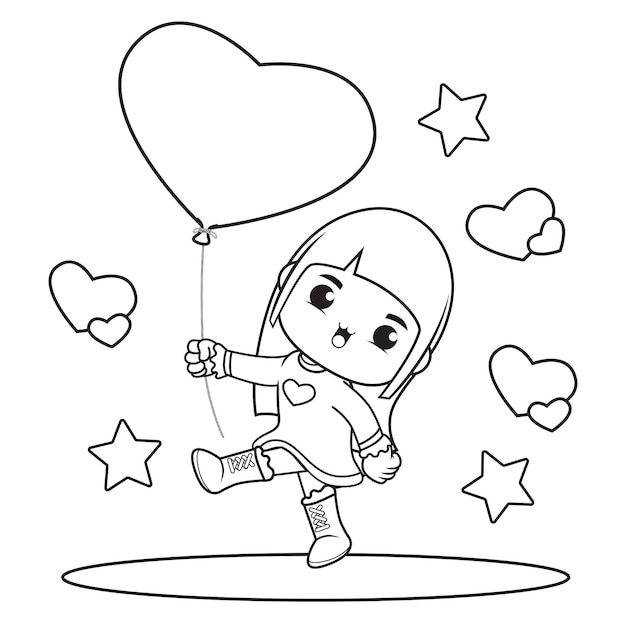 Coloring book cute girl holding a balloon heart