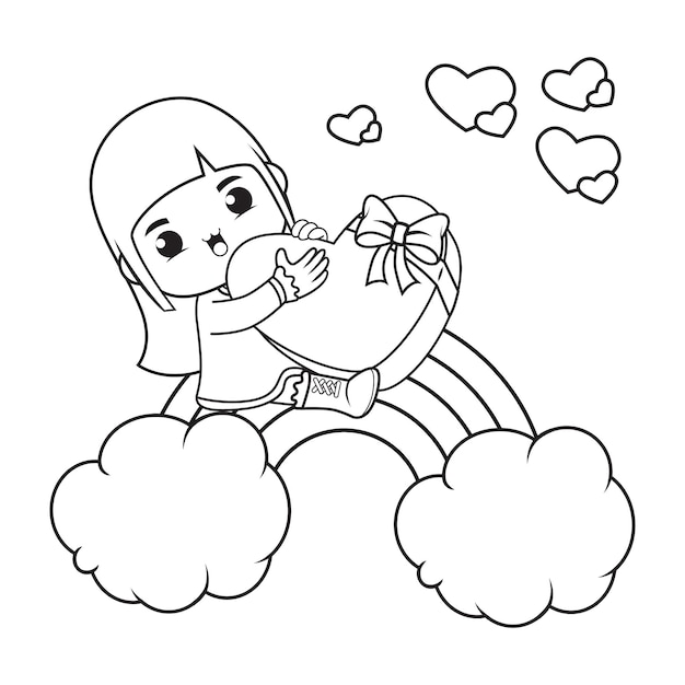 Coloring book cute girl holding a heart