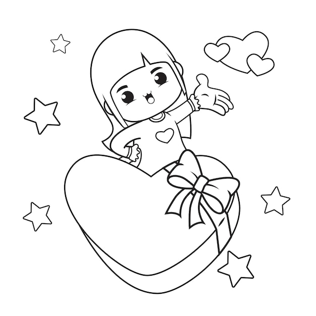 Coloring book cute girl with a heart