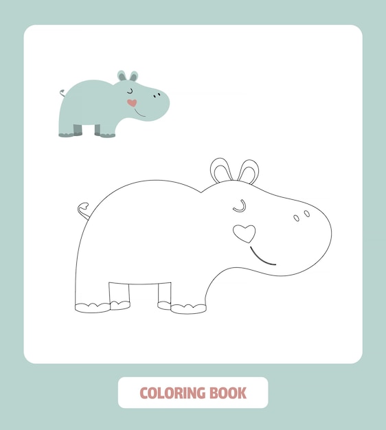 Vector coloring book cute hippopotamus in flat style