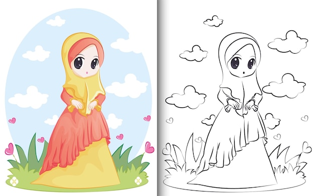 Coloring book of cute muslim character. for preschool education kindergarten and kids and children