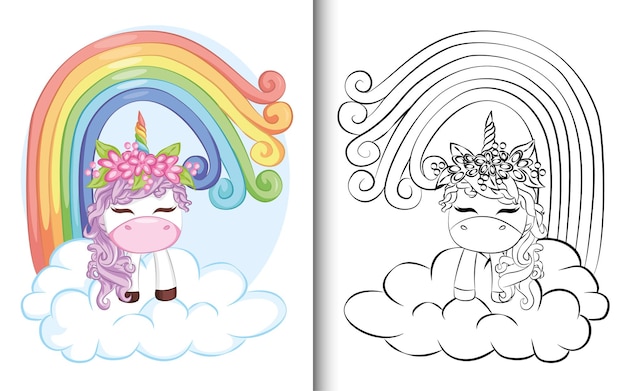 Coloring book Cute purple unicorn with rainbow