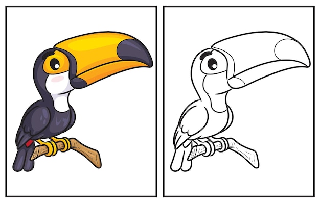 Coloring book cute toucan coloring page and colorful clipart character vector cartoon illustration