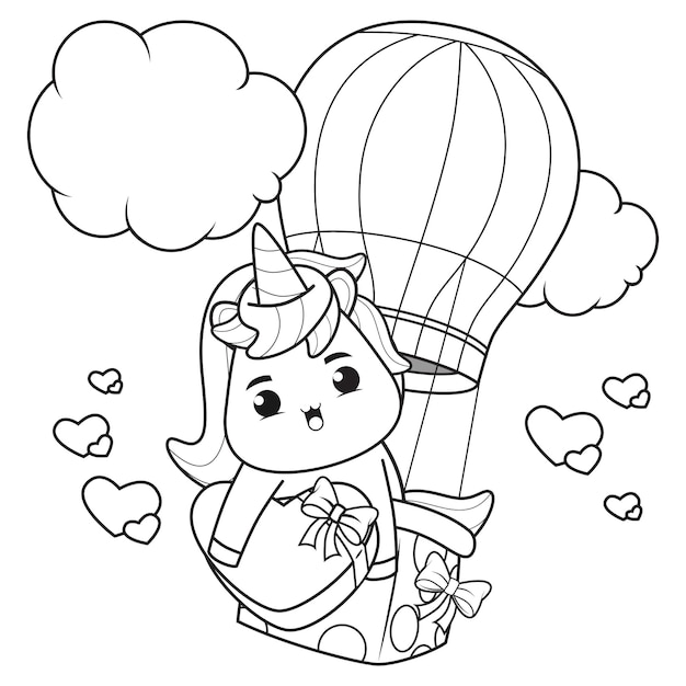 Coloring Book Cute Unicorn for Valentine's Day Illustration