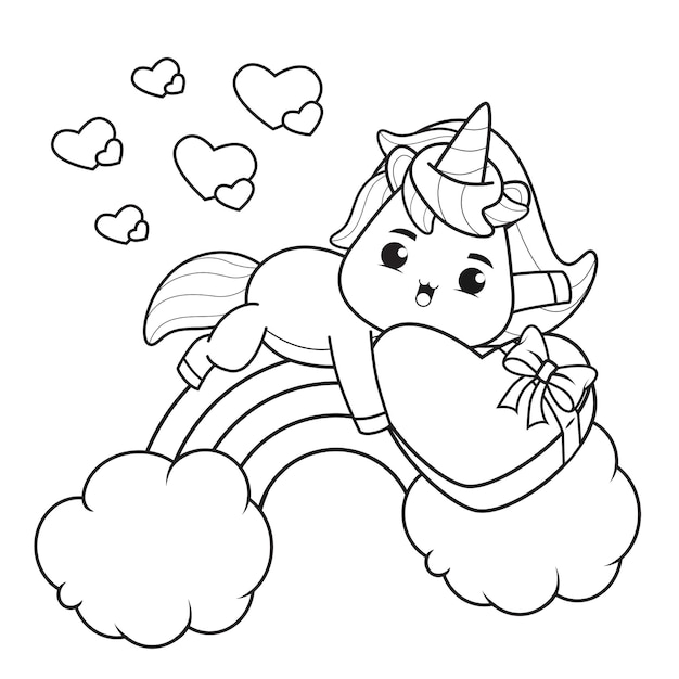 Coloring Book Cute Unicorn for Valentine's Day Illustration