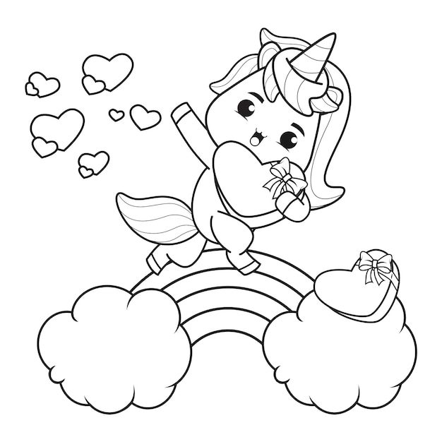 Coloring book cute unicorn for valentine's day illustration