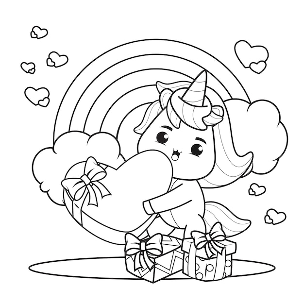 Vector coloring book cute unicorn for valentine's day illustration