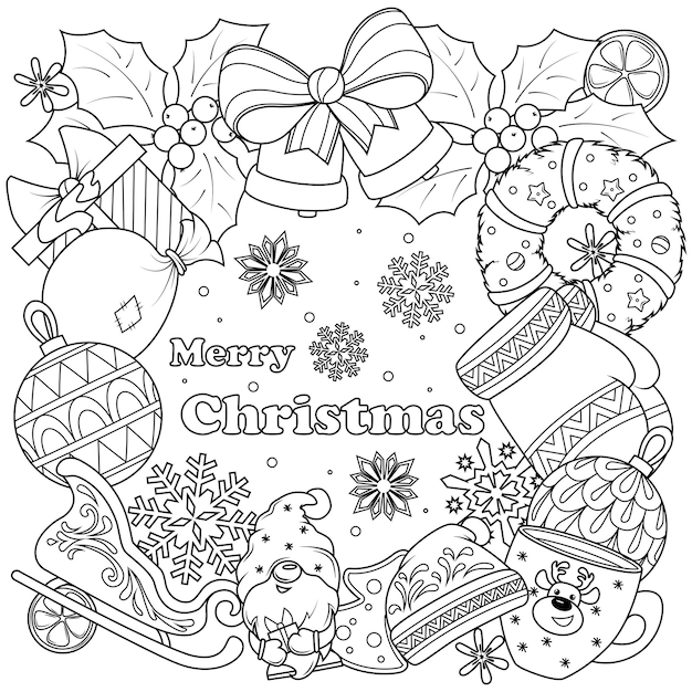 Vector coloring book doodle on the theme of christmas in the form of a frame