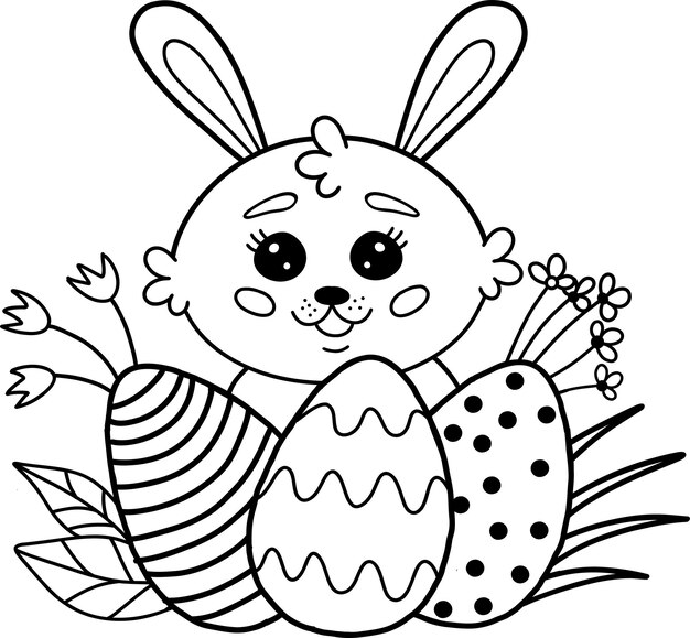 Vector coloring book featuring a cute easter bunny from a cartoon with eggs and flowers coloring book