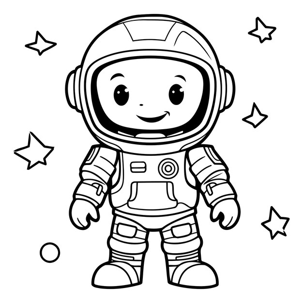 ベクトル 子供のためのカラーリングブック 星付きの宇宙服を着た宇宙飛行士