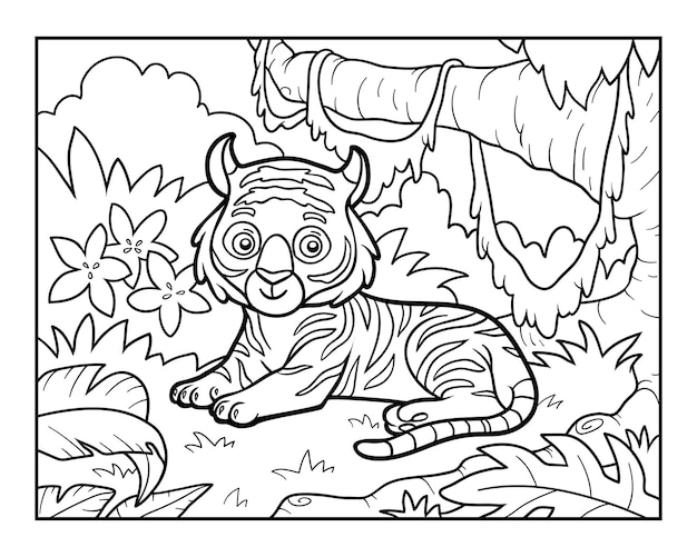 Раскраска для детей тигр в джунглях