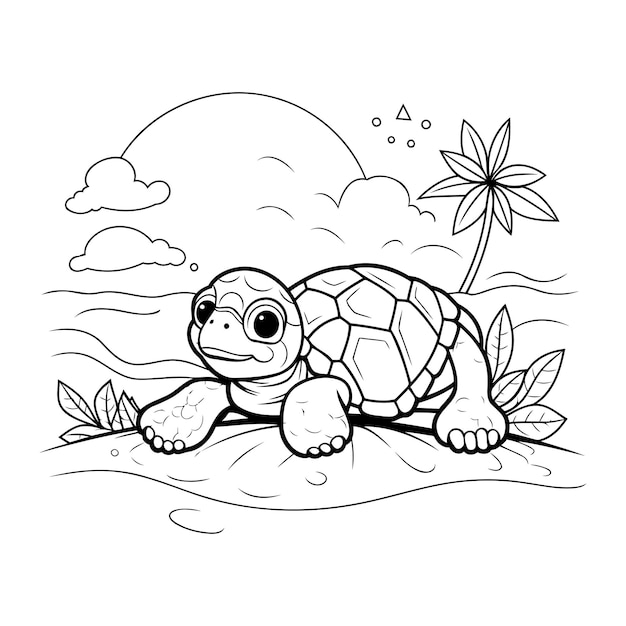Вектор Книжка-раскраска для детей черепаха на пляже. векторная иллюстрация