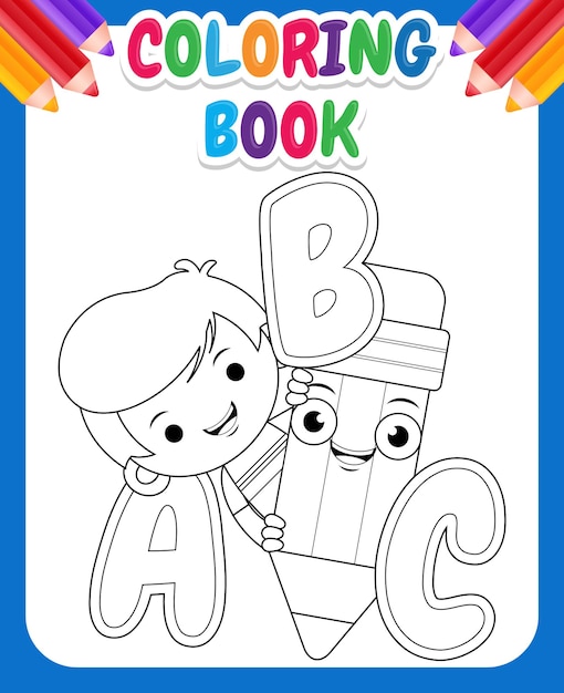 Книжка-раскраска для детей. мультфильм милый мальчик держит карандаш с алфавитом